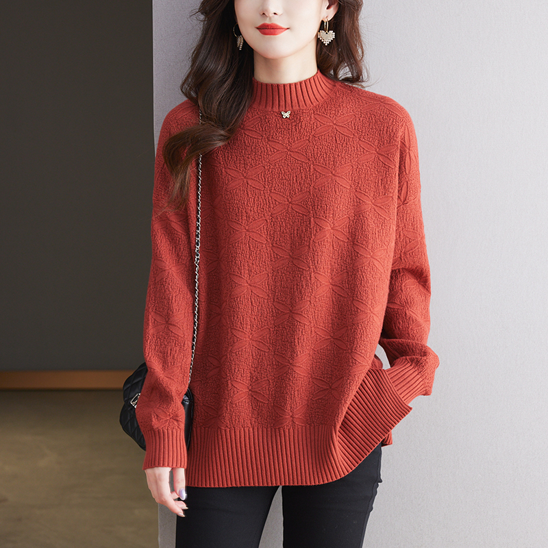 加肥加大码毛衣女秋冬新款半高领针织上衣宽松显瘦洋气遮肚打底衫