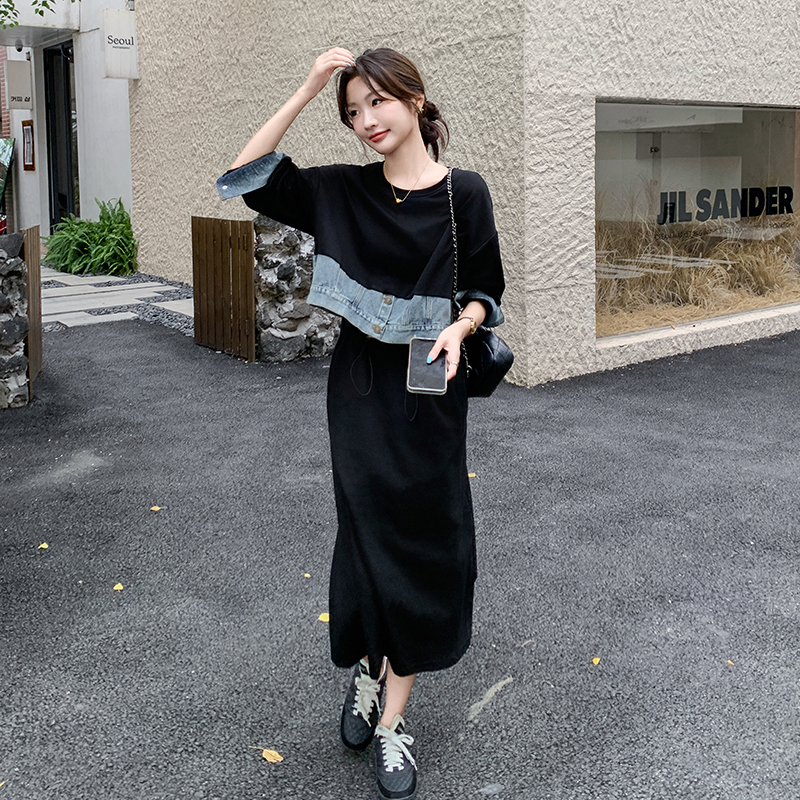 韩版复古设计感黑色假两件连衣裙女2024秋新款休闲时尚宽松卫衣裙
