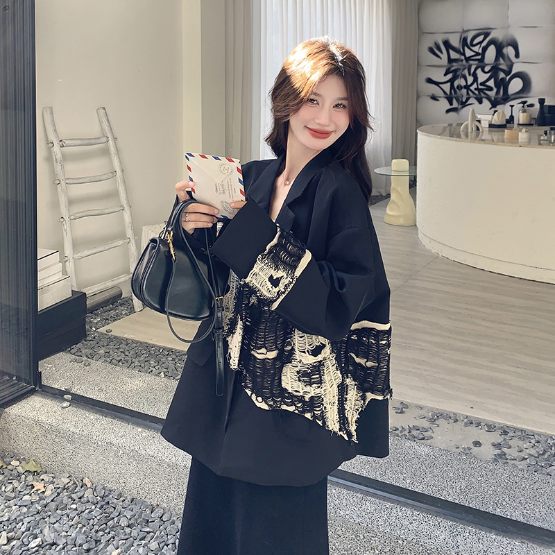 清冷系扎染拼接西装外套女秋季干练气质新款西服独特超好看上衣潮