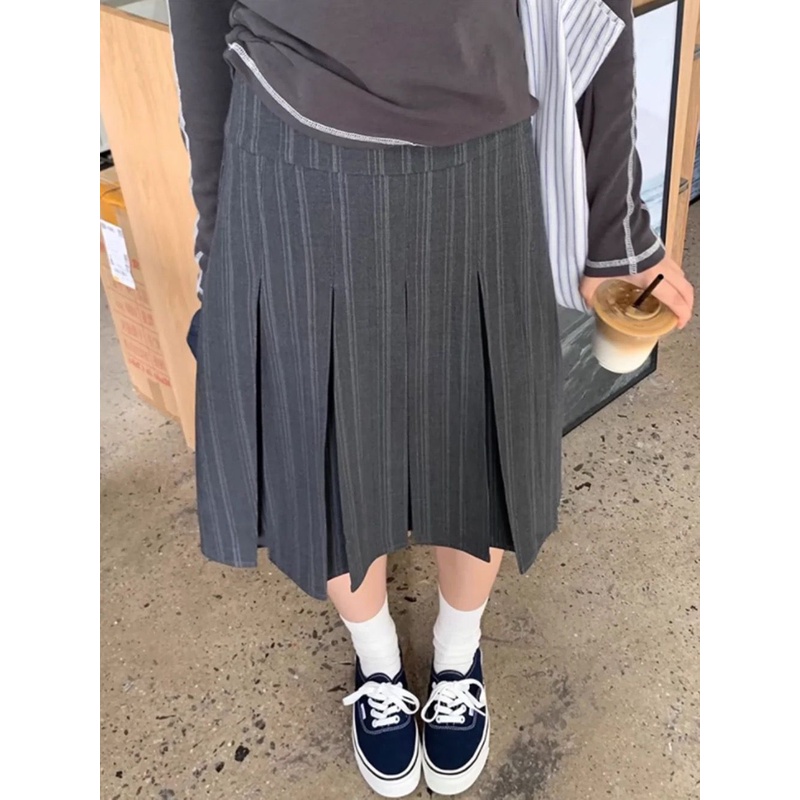 2025秋冬韩系穿搭条纹半身裙百搭百褶裙高腰裙时尚复古显瘦A字裙
