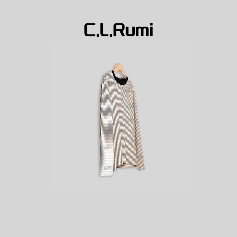 【燕子甄选】条纹序曲 时尚休闲圆领秋季撞色条纹T恤上衣4860sy