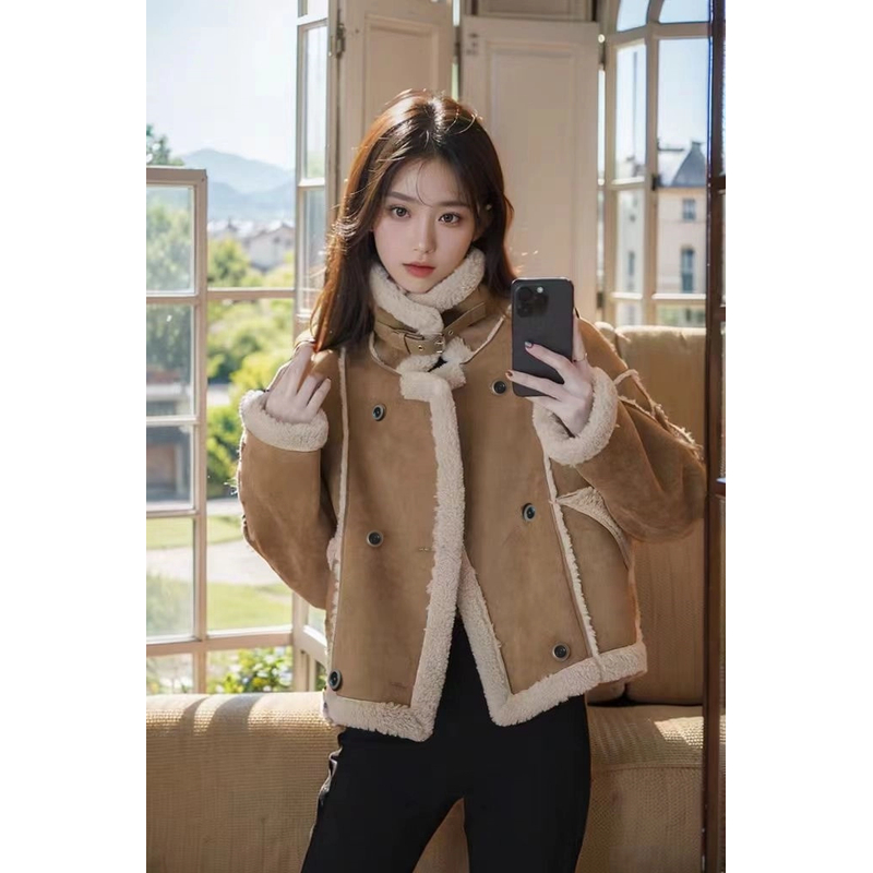 宽松版皮毛一体羊羔绒机车外套短款秋冬新款2024小个子加厚1801