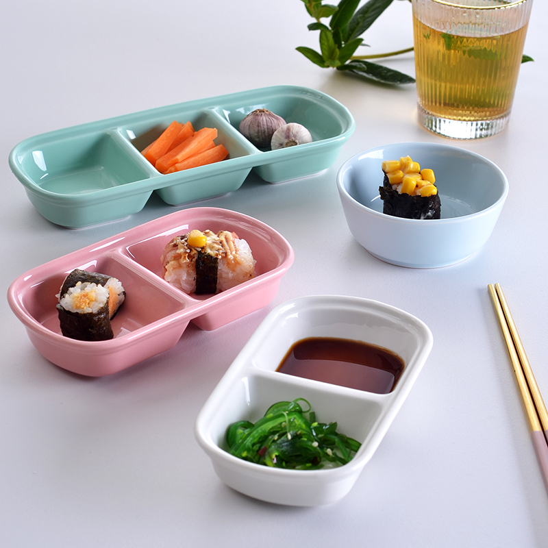 陶瓷三格碟子家用调味蘸料小菜小吃分格盘韩式烤肉两格彩色调料碟