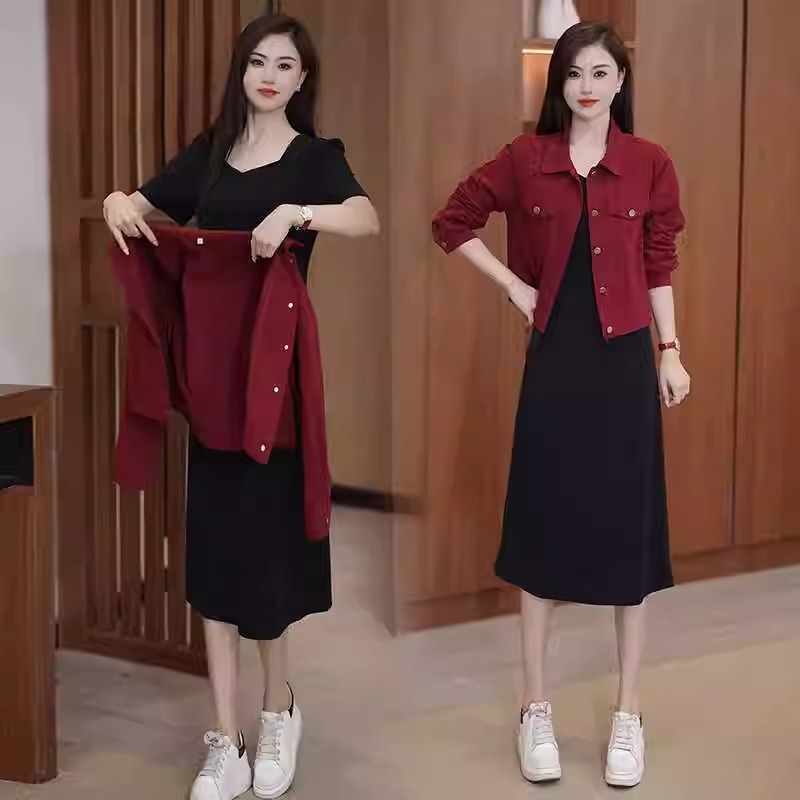 牛仔夹克外套搭配连衣裙套装女2025春秋新款洋气收腰连衣裙两件套