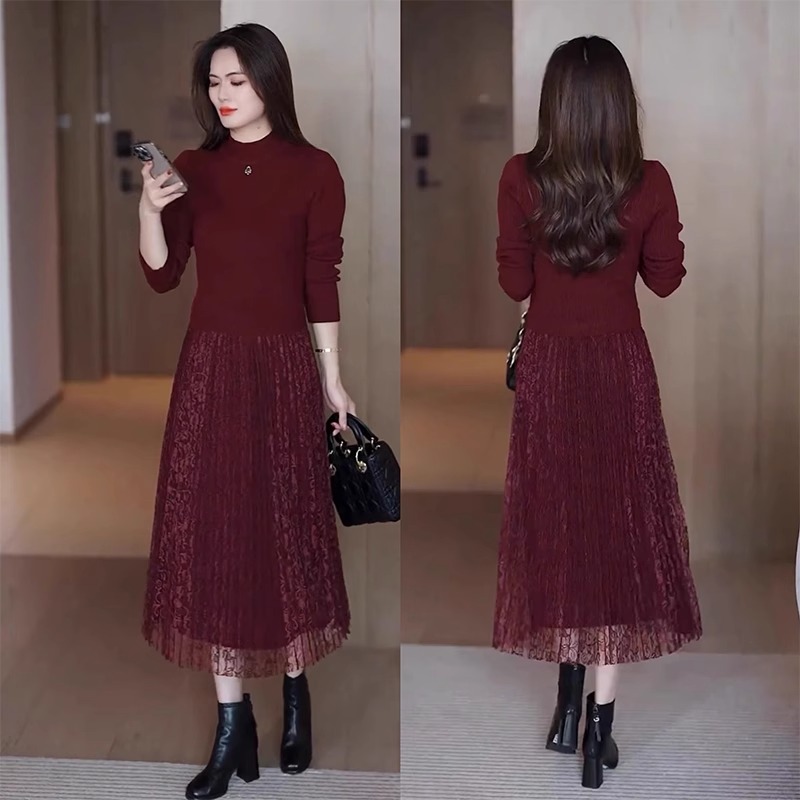 女装针织连衣裙秋冬2024年新款时尚洋气春秋显瘦假两件套打底裙子