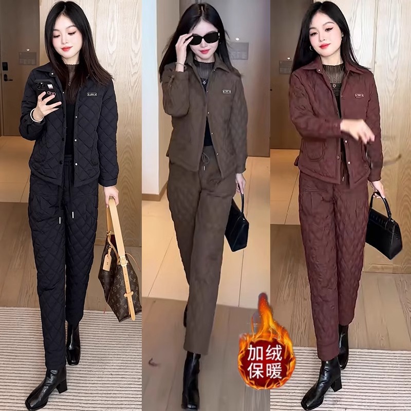 网红洋气时尚套装女2025冬季新款加绒加厚保暖棉衣棉裤休闲两件套