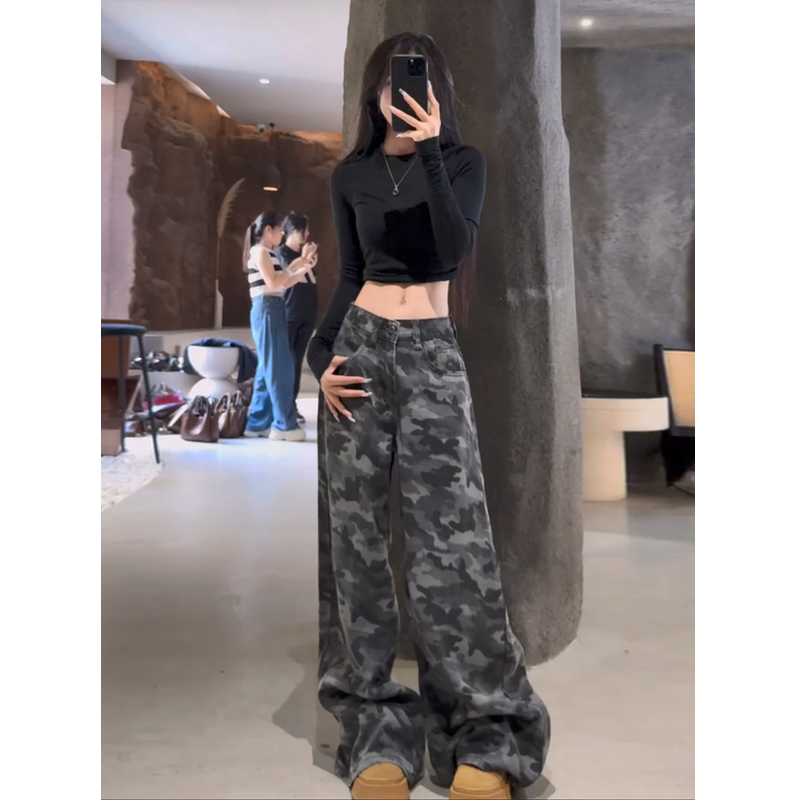 美式街头迷彩阔腿牛仔裤女春季高腰宽松显瘦辣妹垂感拖地裤子
