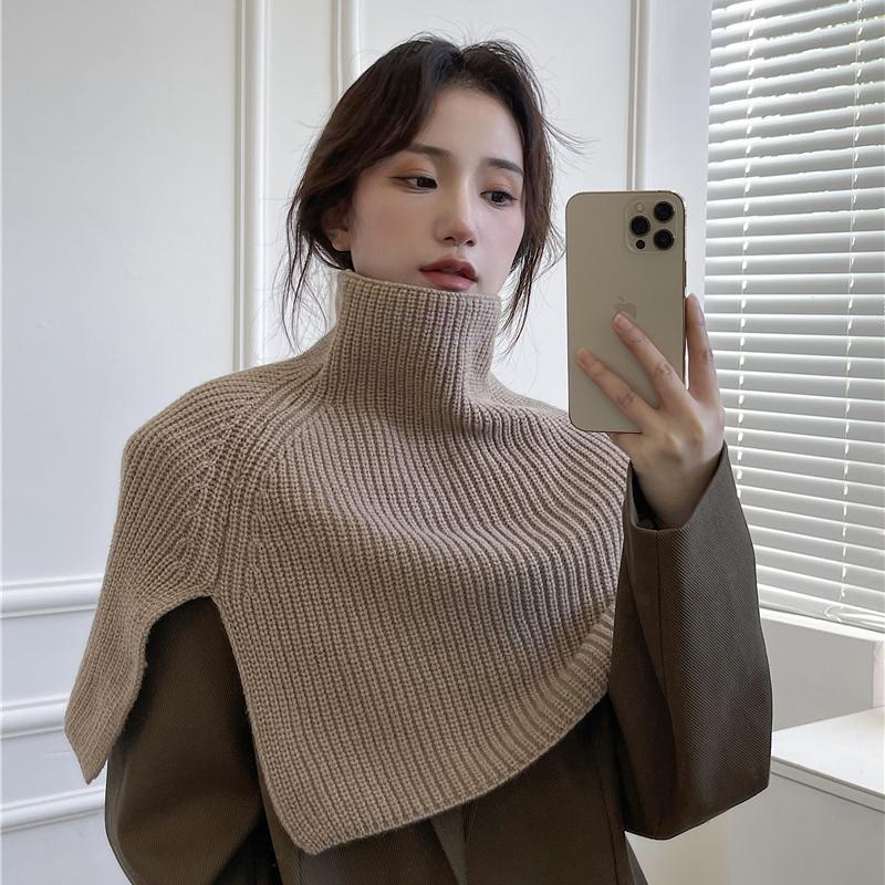 韩国高领围脖女秋冬季新款围巾外搭洋气百搭纯色开叉套头针织披肩