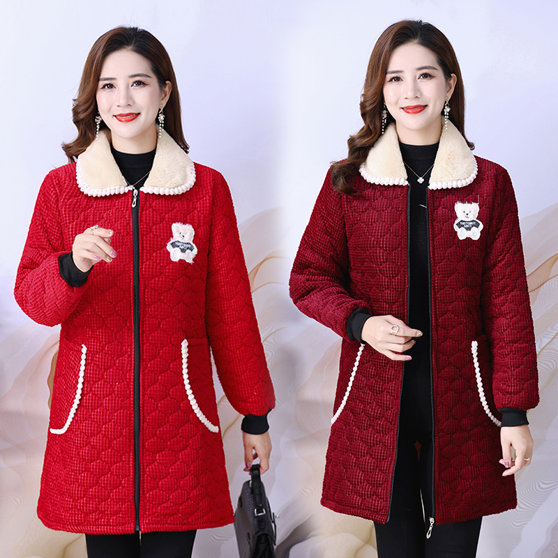 洋气冬季加绒厚款棉衣中长款女式外套保暖家居服翻领拉链罩衣