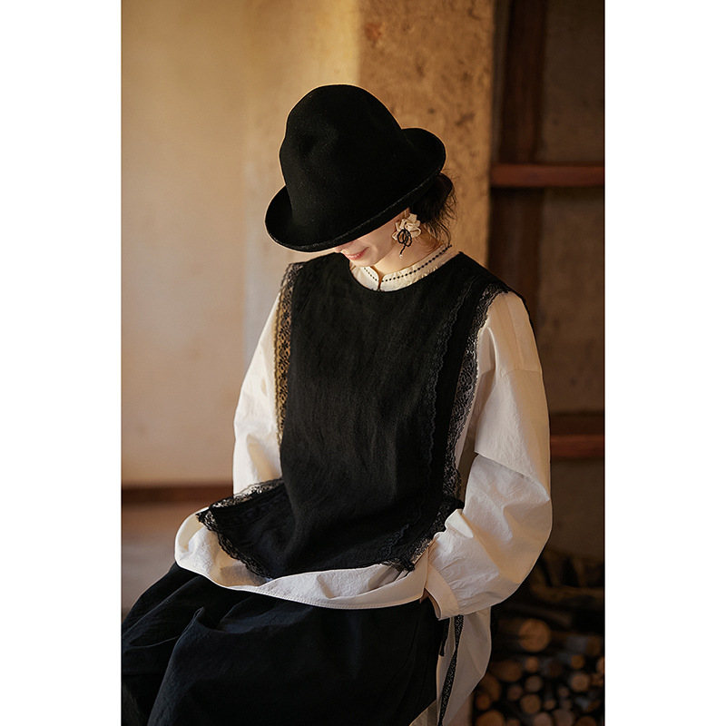 文艺复古原创休闲温柔黑亚麻纺纱工艺古朴花边女马甲24149