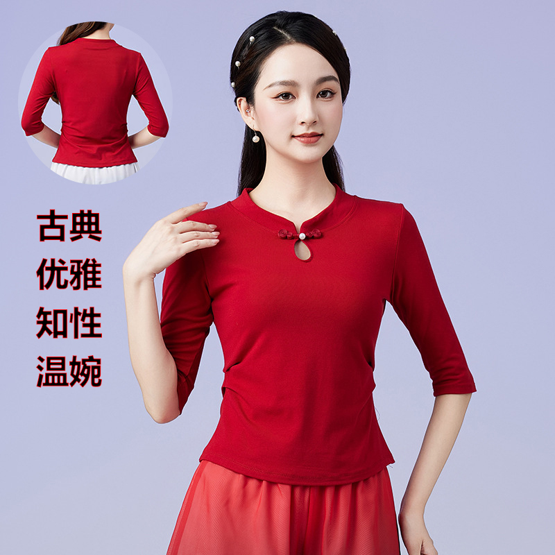 夏季广场舞中老年民族风古典中袖T恤时尚表演服艺考舞蹈演出上衣