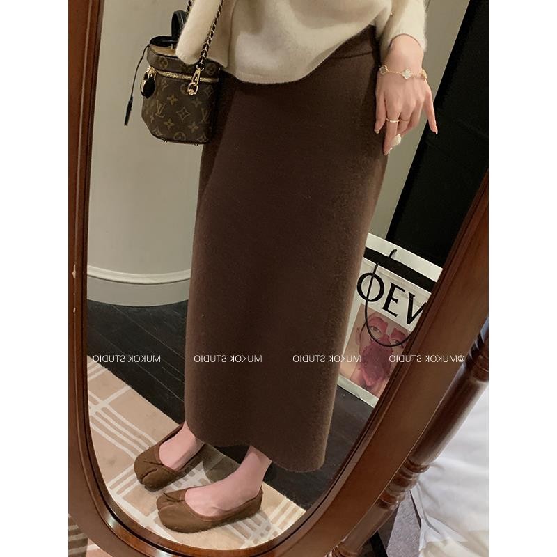 冬季加厚毛线针织半身裙女秋冬新款小个子中长款包臀直筒一步长裙