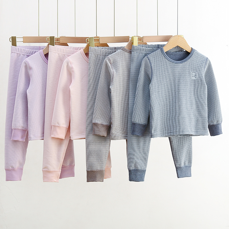 儿童条纹德绒套装保暖内衣宝宝冬睡衣春秋长袖磨毛加厚中大童加绒