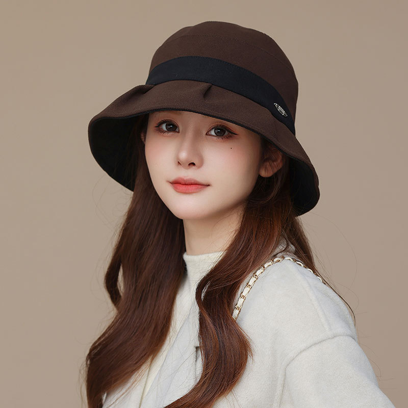 秋冬新款褶皱拼布渔夫帽女高品质宽檐遮脸盆帽日韩时尚气质妈妈帽