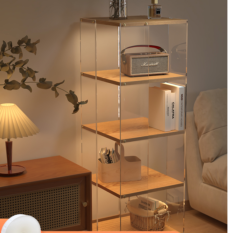 亚克力旋转书架360度客厅手办柜旁置物架收纳可移动多层实木书柜