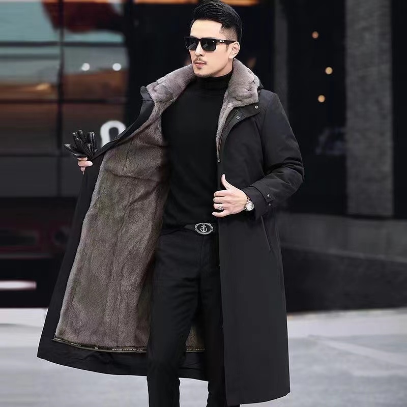 派克服男士冬季仿貂内胆可拆卸皮毛一体长款大衣加绒加厚大码外套