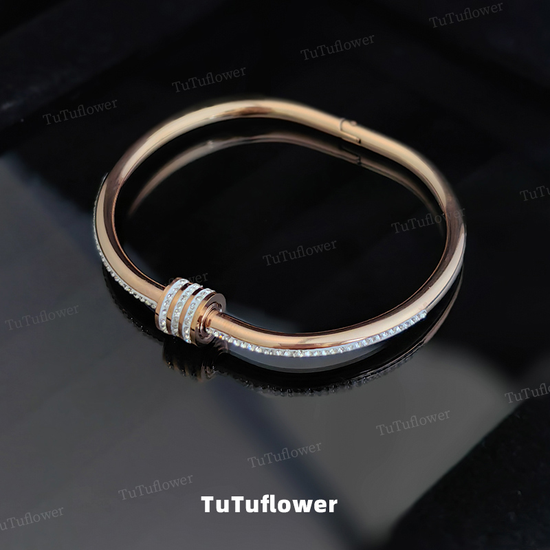TuTuflower 钛钢合成锆石手镯 满钻钛钢手镯饰品金色小众轻奢时尚