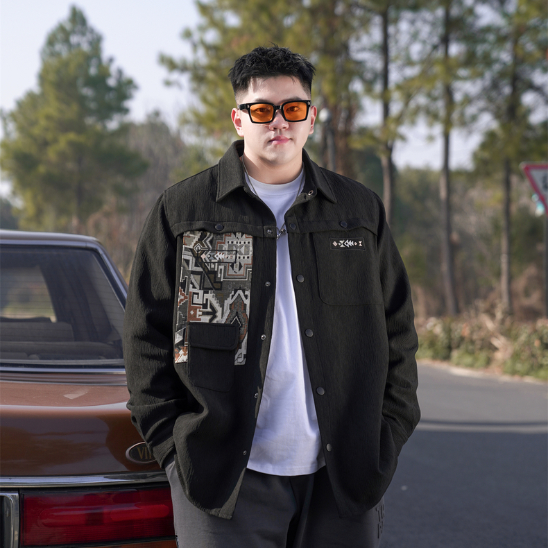 胖胖潮牌大码男装春秋民族风胖子宽松休闲加肥加大衬衫式夹克外套