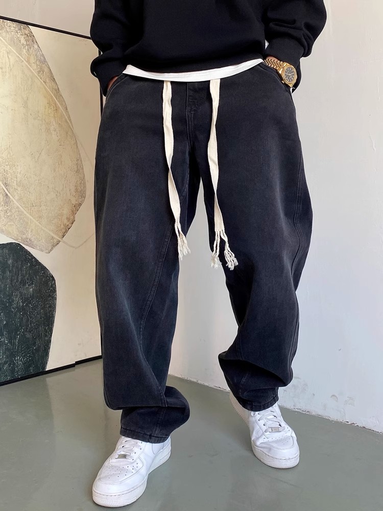 加肥加大码300斤秋季美式休闲痞帅直筒牛仔裤男宽松抽绳阔腿裤ins