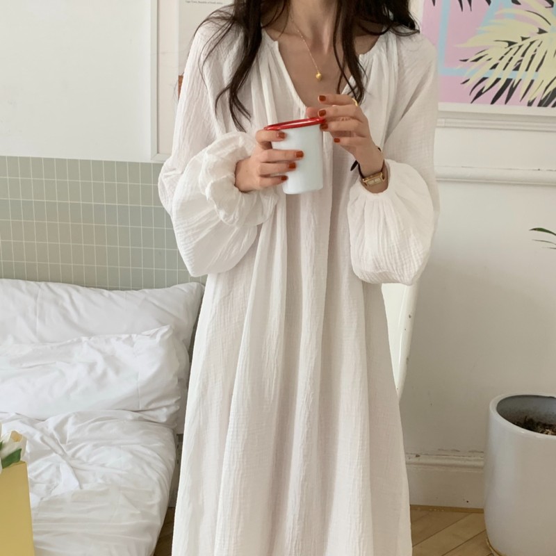 韩国ins纯色宽松纱布V领睡裙女春秋季长袖慵懒风睡衣家居服可外穿