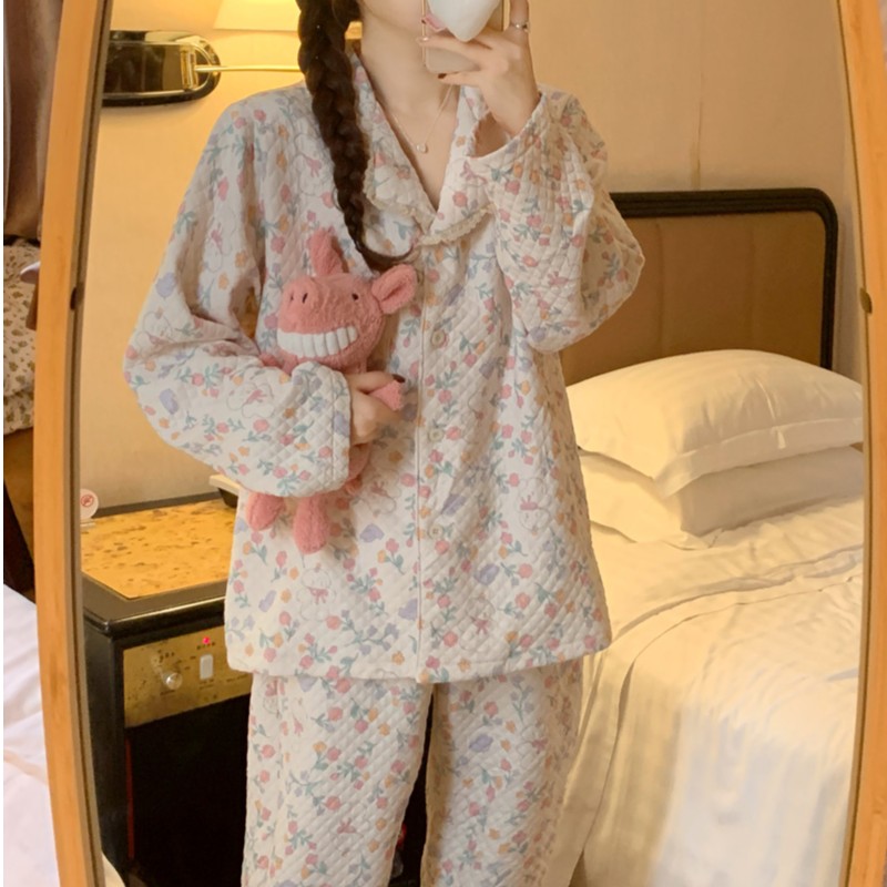 韩国ins甜美碎花兔子夹棉睡衣女秋冬季加厚长袖空气棉保暖家居服