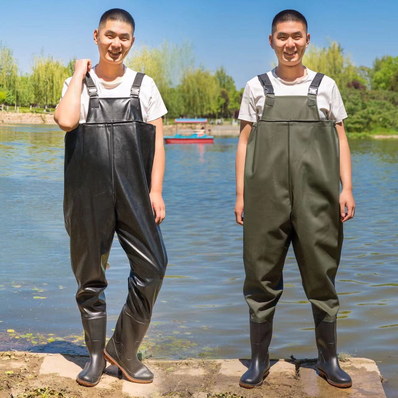 下水裤加厚耐磨水裤连体半身捕鱼衣服防水雨鞋双层钓鱼库下田裤