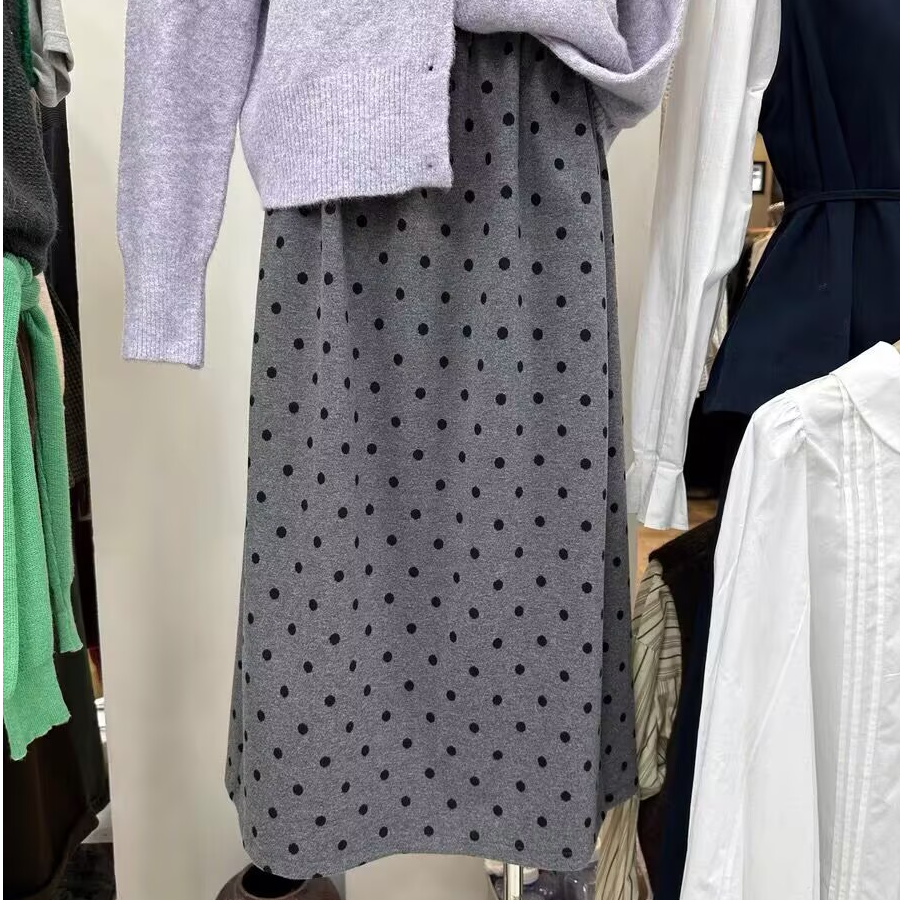 灰色毛呢波点半身裙女秋冬新款松紧高腰开叉显瘦直筒中长款包臀裙