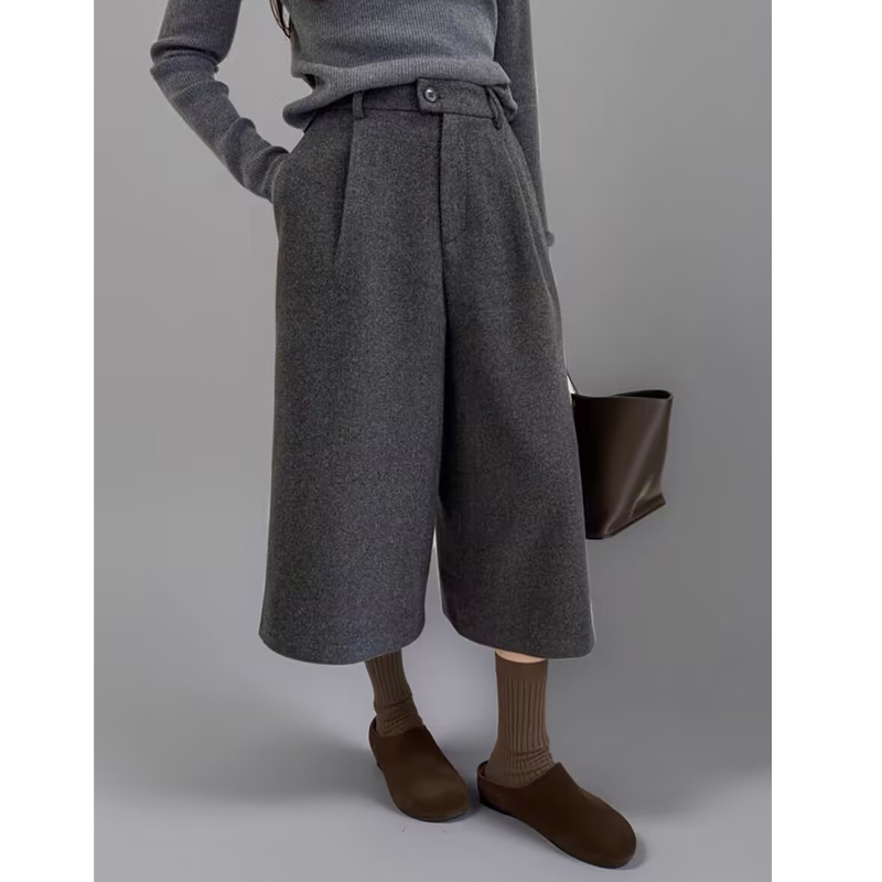 毛呢七分直筒裤女2024秋冬季新款纯色高级感显瘦加厚小个子阔腿裤