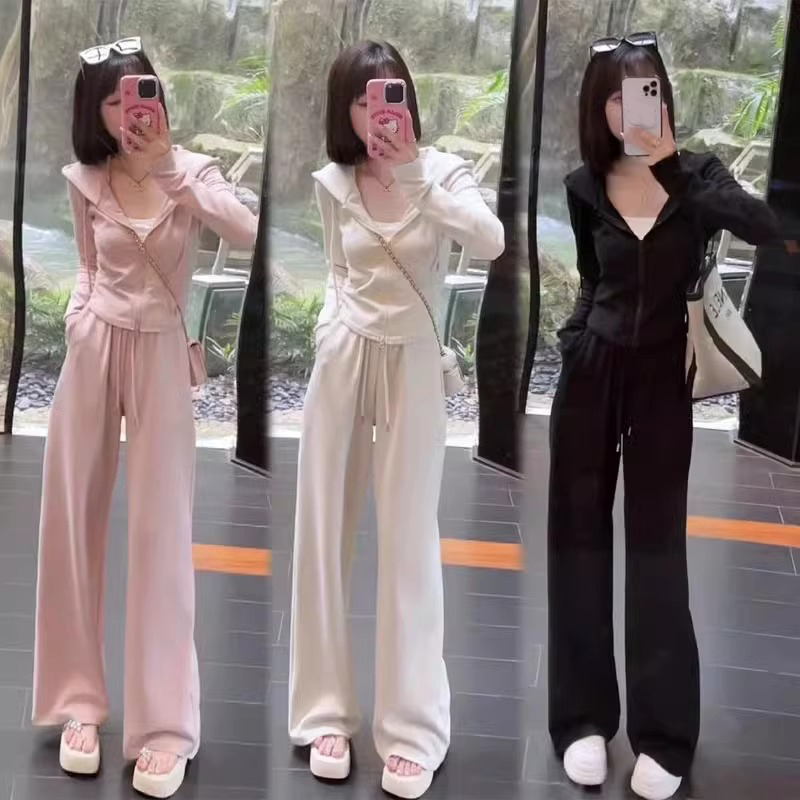 XX1086小个子休闲运动套装女显瘦连帽穿搭高腰阔腿裤休闲套装女
