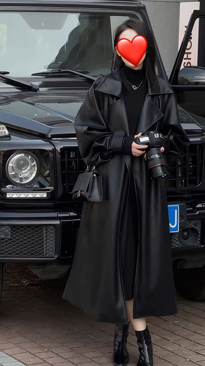 黑骑士2.0春秋款高端显瘦加绒两面穿过膝皮衣丝绒面高级感大衣