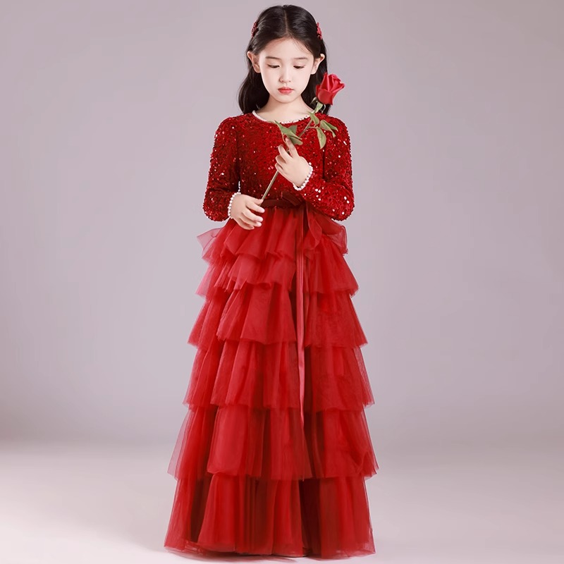 女童礼服公主裙高端轻奢钢琴演出服儿童主持人红色长袖春款礼服裙