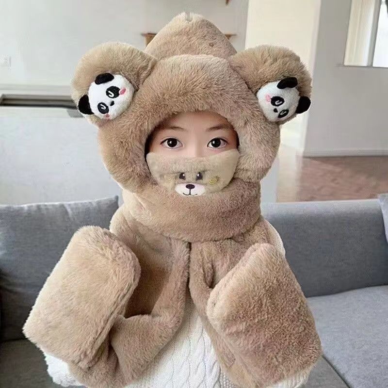 新款儿童帽子围巾手套一体冬季男女童卡通熊猫加厚保暖护耳毛绒帽