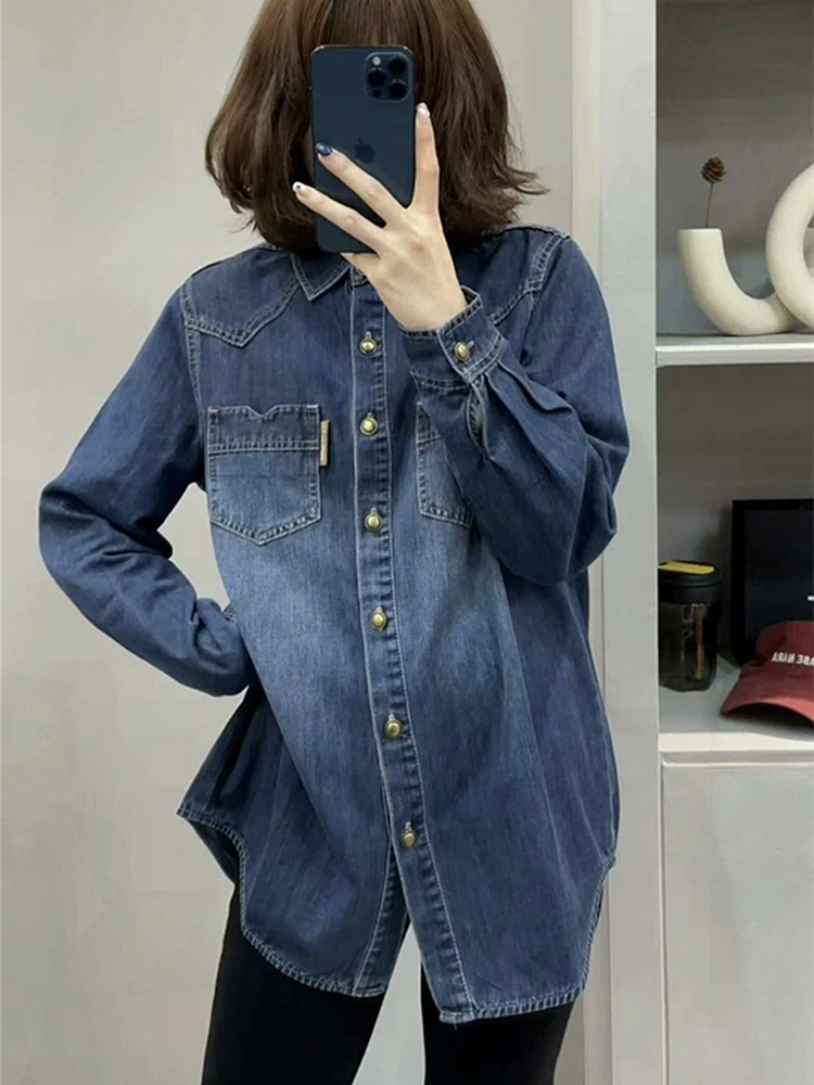 牛仔衬衫女春秋冬新款韩版设计感宽松蓝色百搭休闲打底衫衬衣外套