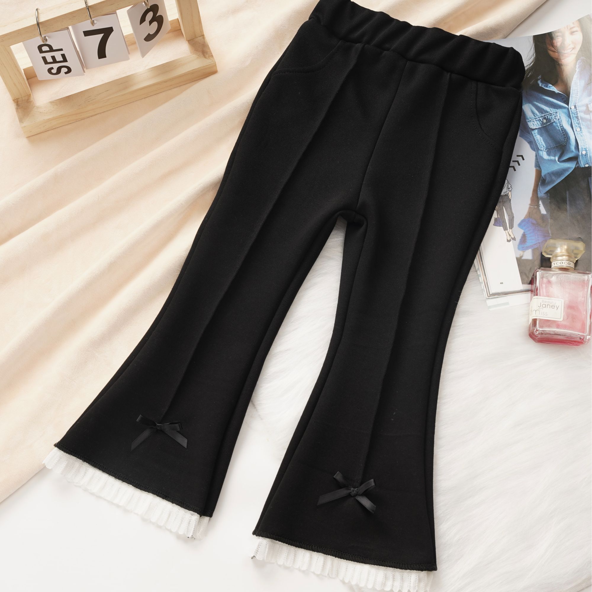 女童潮洋气秋季新款喇叭裤拼色女宝宝休闲蝴蝶结时尚百搭韩版长裤