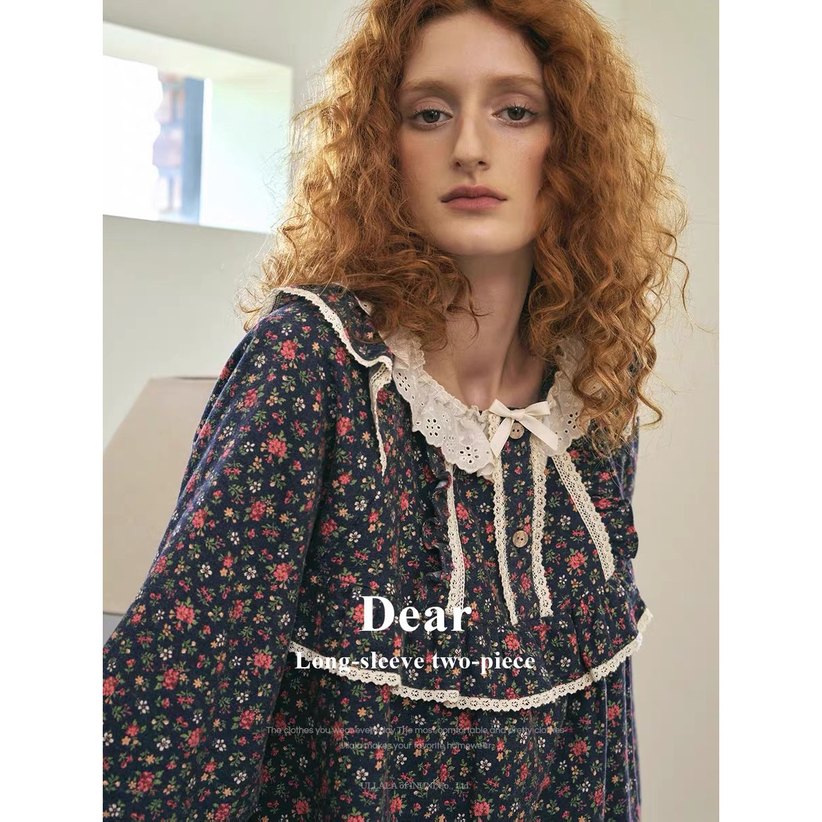 【树下优品】韩国UL家/秋冬纯棉甜美蕾丝边碎花圆领睡衣套装裙24257