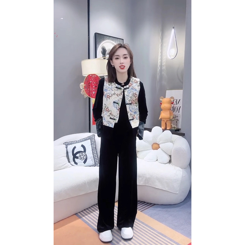 新中式女装高端上档次显瘦气质国潮风马夹阔腿裤洋气时尚三件套女