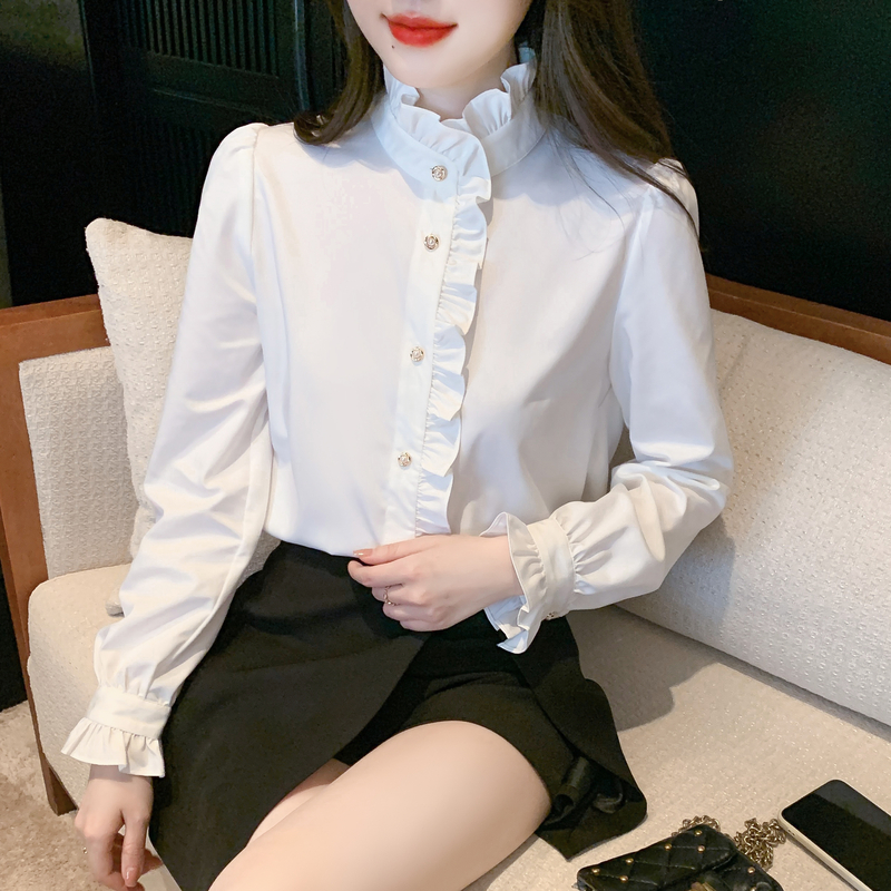 法式立领木耳边白色长袖衬衫女士春秋季2025新款洋气别致小衫上衣