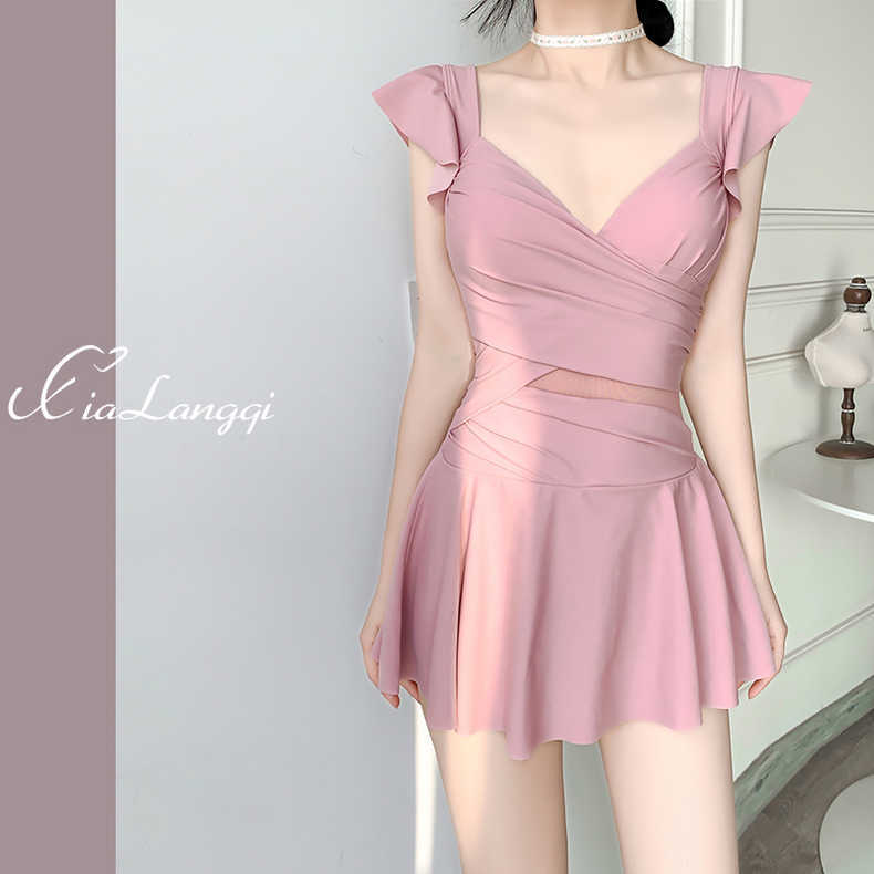 泳衣女款连体纯色钢托文胸连衣裙法式泳衣保守显瘦式夏季气质ins