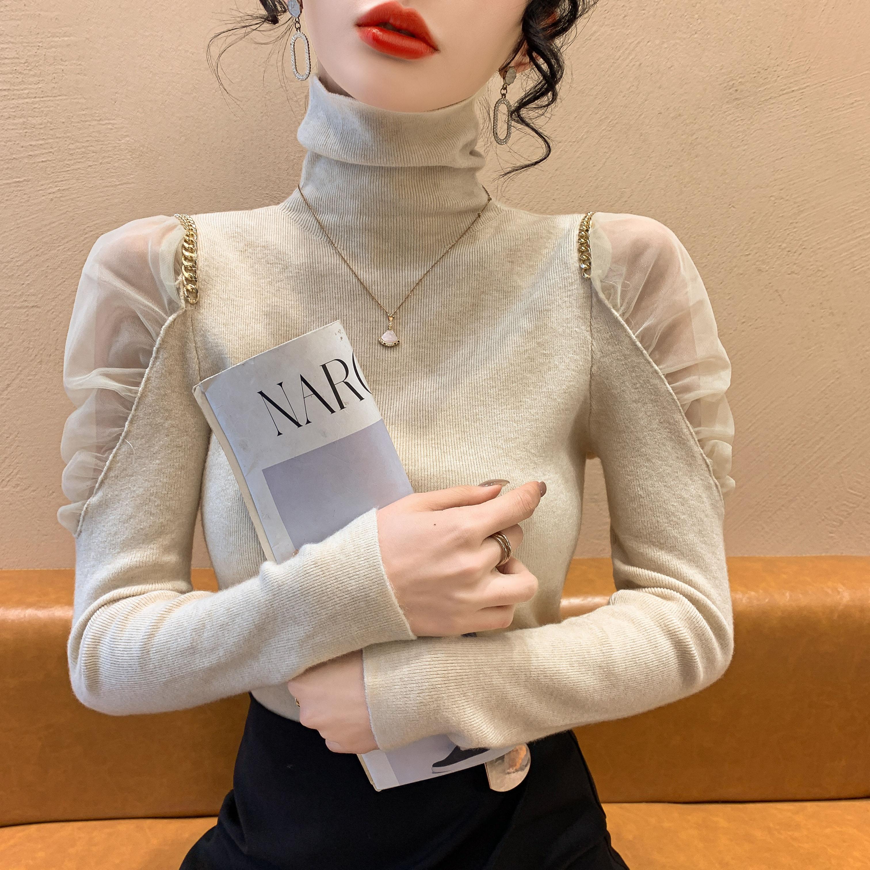 秋冬新款半高领洋气百搭减龄T恤法式气质小香风网纱拼接打底衫女