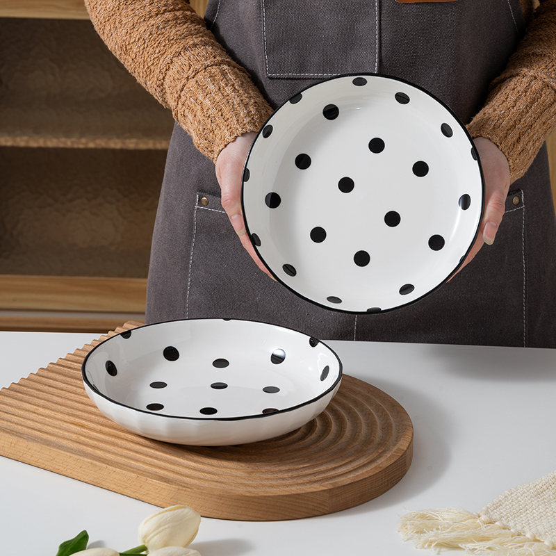 赫本风家用陶瓷8英寸波点深盘2个装 菜盘子