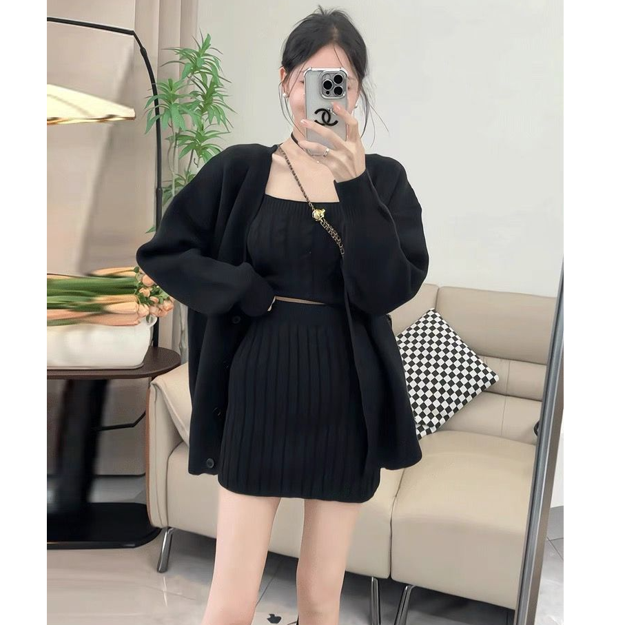 纯欲辣妹麻花针织套装2024秋冬宽松显瘦毛衣背心开衫半身裙三件套