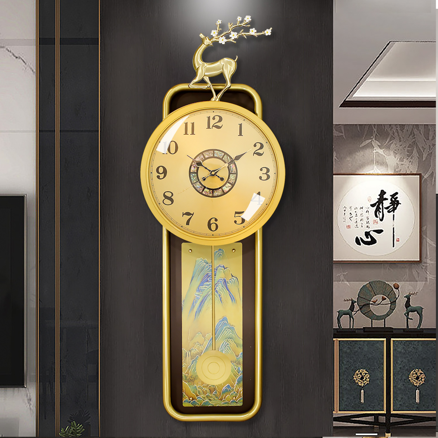 新款黄铜珐琅彩雕刻新中式客厅家用创意挂墙中国风大气轻奢大挂表
