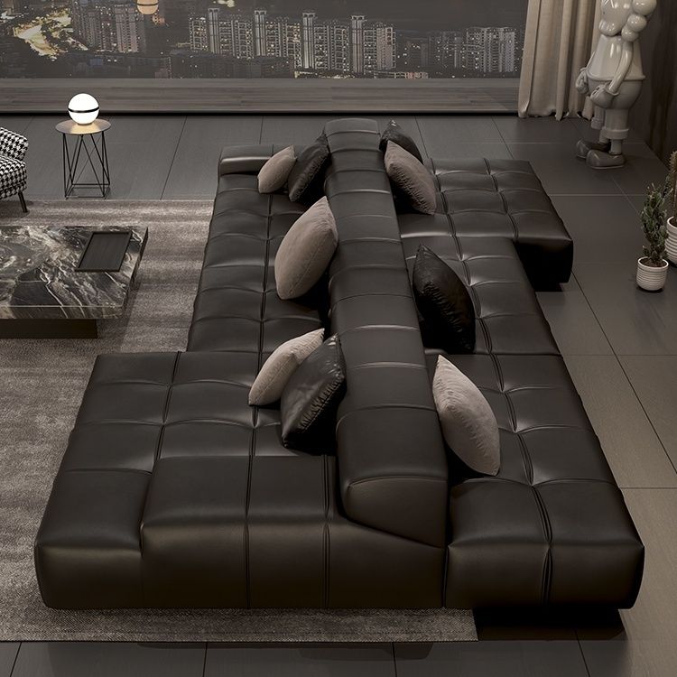 双面沙发客厅横厅背靠背组合沙发双面可坐意式黑色头层牛皮款沙发