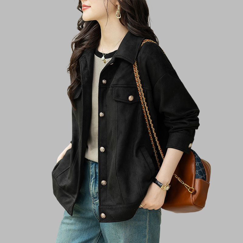 时尚气质翻领外套女2025秋季新款大码宽松休闲简约通勤复古夹克