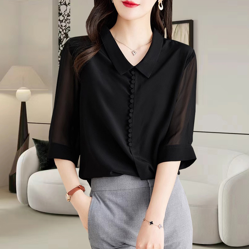 中袖雪纺衬衫女士装夏季2025年新款黑色上衣气质漂亮洋气短袖小衫