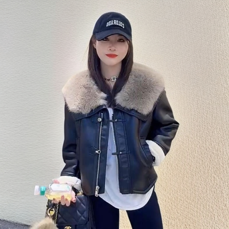 『双11』爆款加绒加厚冬新款皮毛一体外套韩版时髦大毛领保暖皮夹克