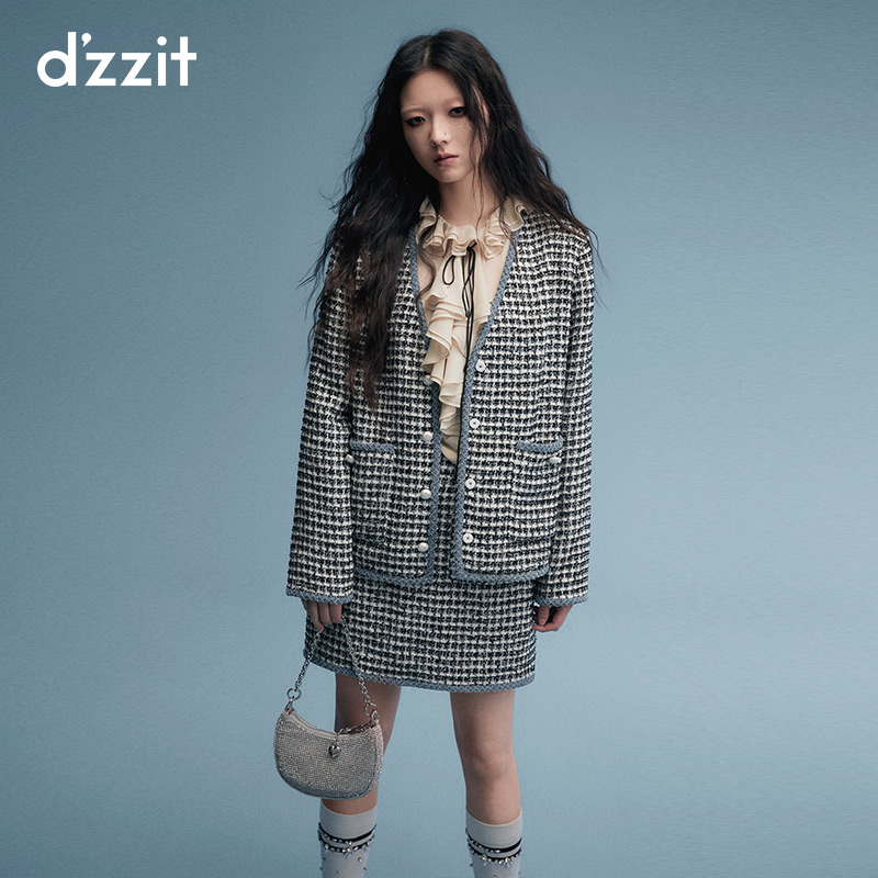 dzzit地素粗花呢外套春秋立体珍珠钻扣包边设计长袖女3H3F4083A