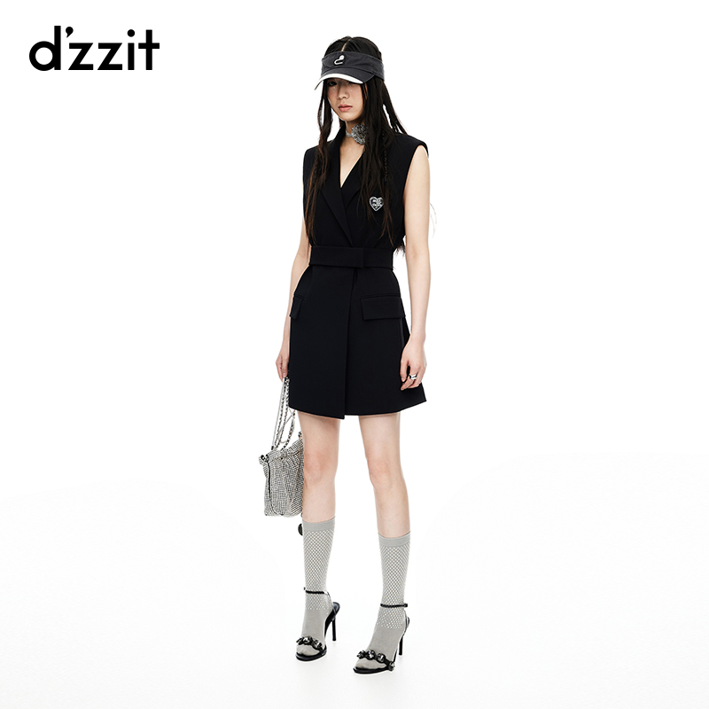 dzzit地素连衣裙夏季叠襟束腰设计黑色无袖西装裙短裙女3I3O305