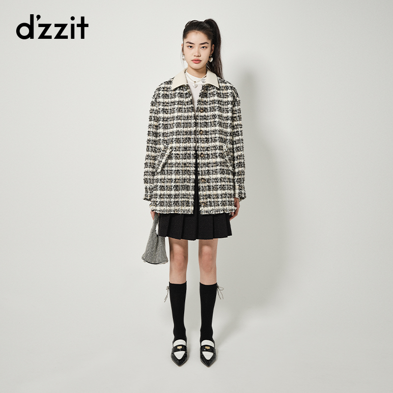 0207dzzit地素粗花呢中长外套秋小香千金风翻领拼接设计女3H3G260