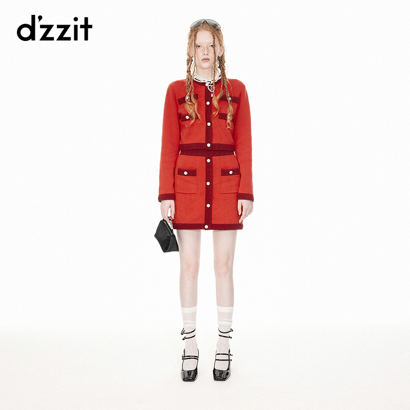 dzzit地素针织半裙春秋小香风气质红色松紧腰短裙女3I1E707